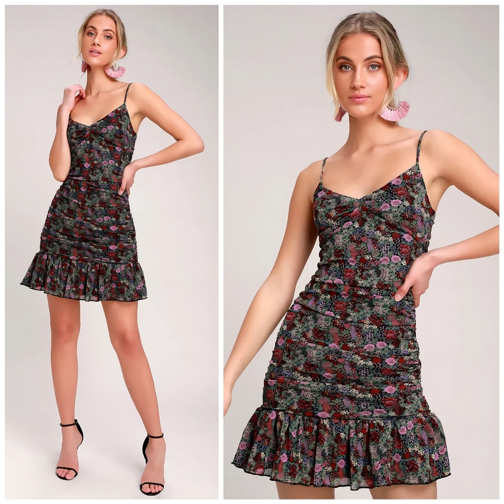 Lulu's Floral Mesh Ruched Green Pink Dress, M - Picture 3 of 14
